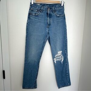 Levi’s 501 Upcycled Denim Jeans Back Smiley Pocket Floral Leather Patch Size 25